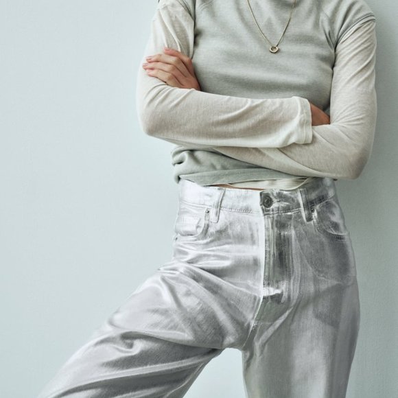 NWT ZARA METALLIC HIGH RISE JEANS WHITE - Picture 8 of 8